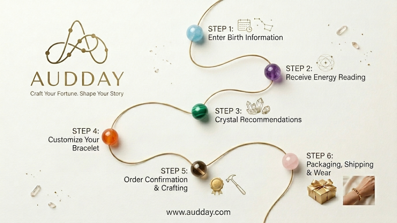 Personalized crystal bracelet design process with natural gemstones by Audday