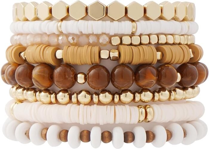 Boho Bead Bracelets for Women Bohemian Stackable Gold Plated Beaded Stretch Bracelets Elastic Layering Friendship Bracelets Set Boho Jewelry