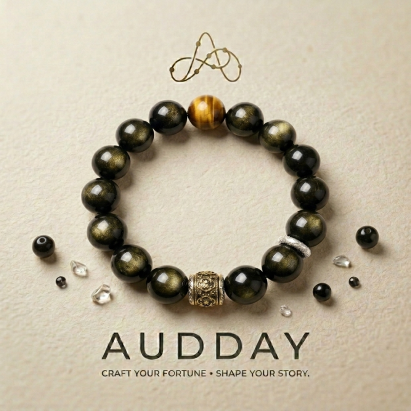 Audday obsidian and tiger eye crystal bracelet for grounding and protection