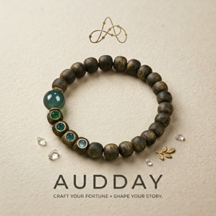 Wood and gemstone feng shui bracelet for wealth wisdom and protection