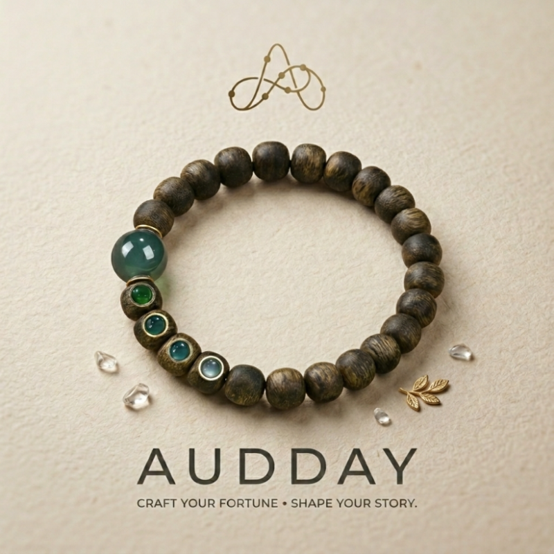 Wood and gemstone feng shui bracelet for wealth wisdom and protection
