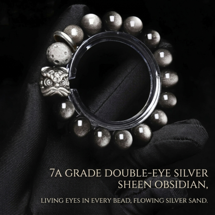 Audday S999 Silver Lion Obsidian Bracelet for Men