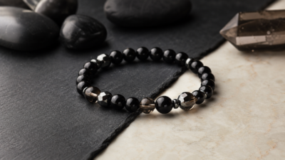 Natural gemstone bracelet with elastic cord ready for careful restringing