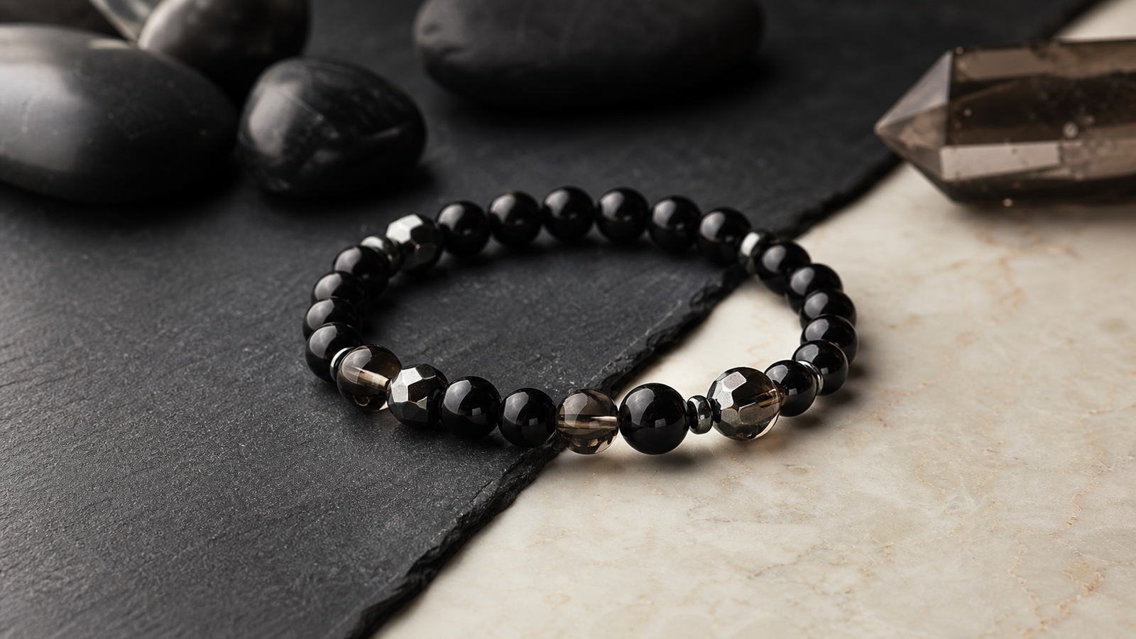 Natural gemstone bracelet with elastic cord ready for careful restringing