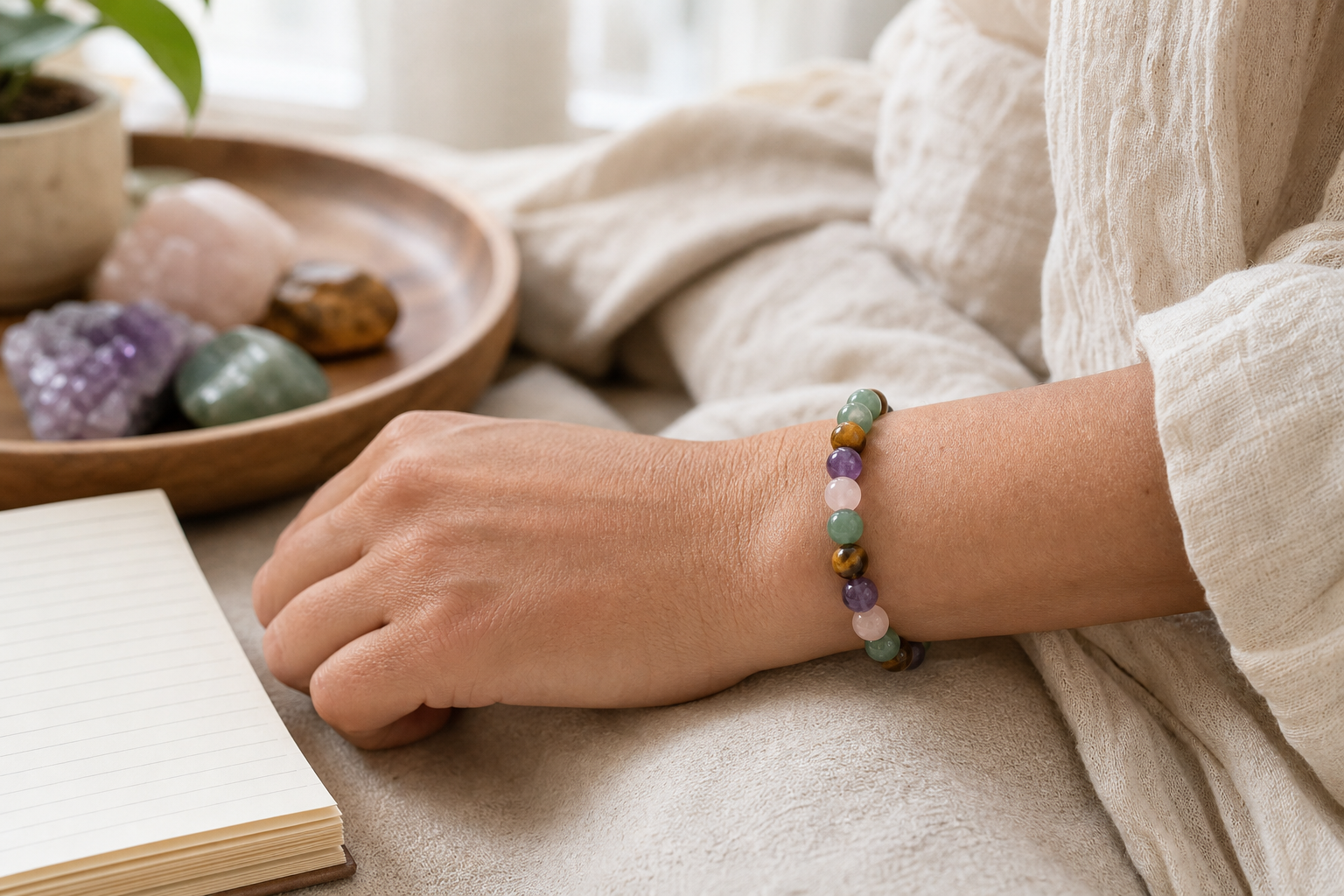 Person wearing a handmade healing crystal bracelet