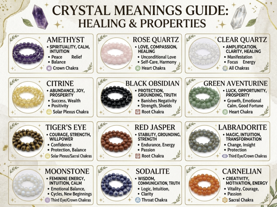 A crystal meanings guide showing amethyst, rose quartz, clear quartz, citrine, black obsidian, green aventurine, tiger's eye, red jasper, labradorite, moonstone, sodalite, and carnelian beads.
