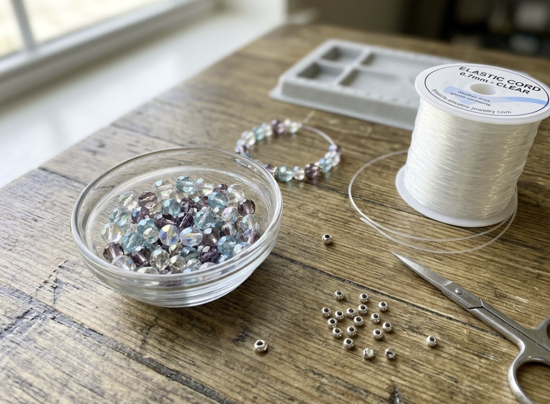 Natural gemstone beads, clear elastic cord, scissors, a ruler, and a bead tray for making a crystal bracelet.