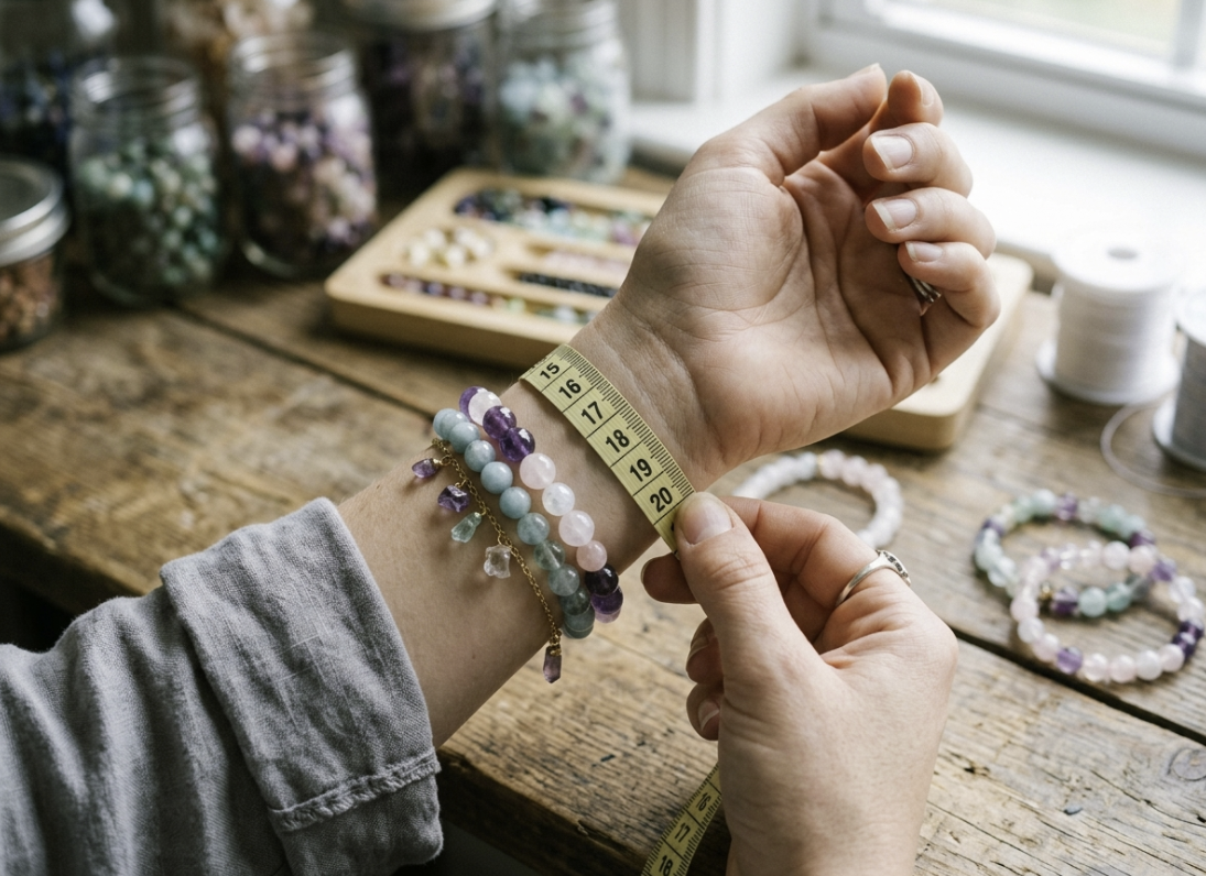 A soft tape measure wrapped around a wrist to size a crystal bead bracelet.
