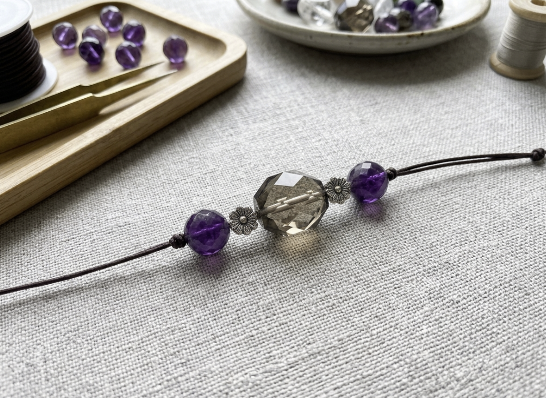 A crystal bracelet bead pattern laid out with a center accent bead, matching gemstone beads, and two spacer beads.
