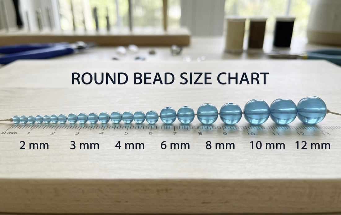 A bead size chart showing round beads in 2 mm, 3 mm, 4 mm, 6 mm, 8 mm, 10 mm, and 12 mm sizes.