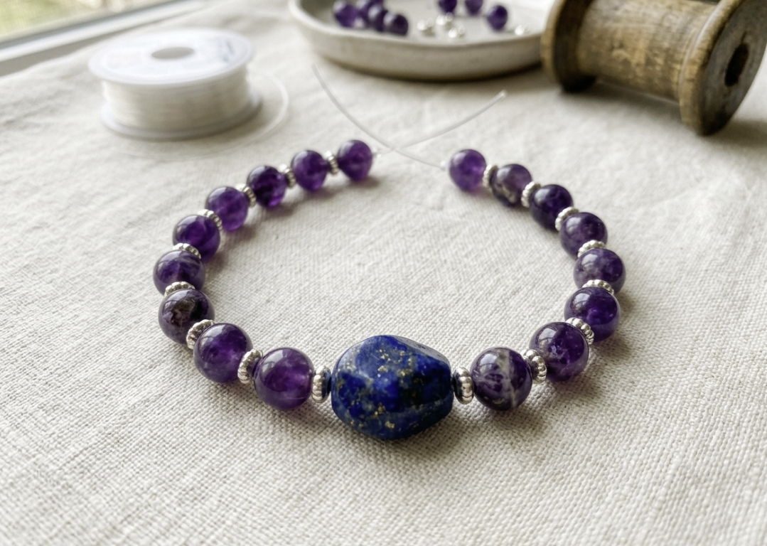 A bracelet layout with 8 mm gemstone beads, small spacer beads, and one larger center bead.
