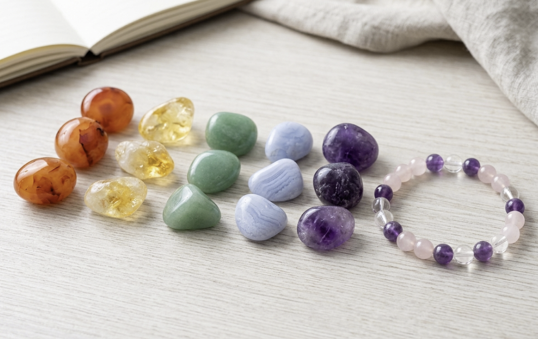 Natural gemstone beads arranged by purple, pink, clear, yellow, black, green, blue, red, and brown color families.