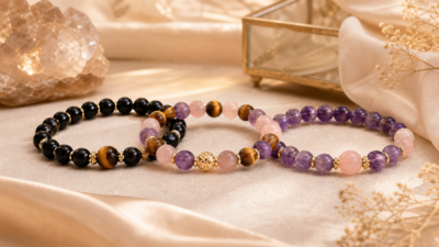 Natural labradorite-style gemstone bracelet with luminous blue-gray beads