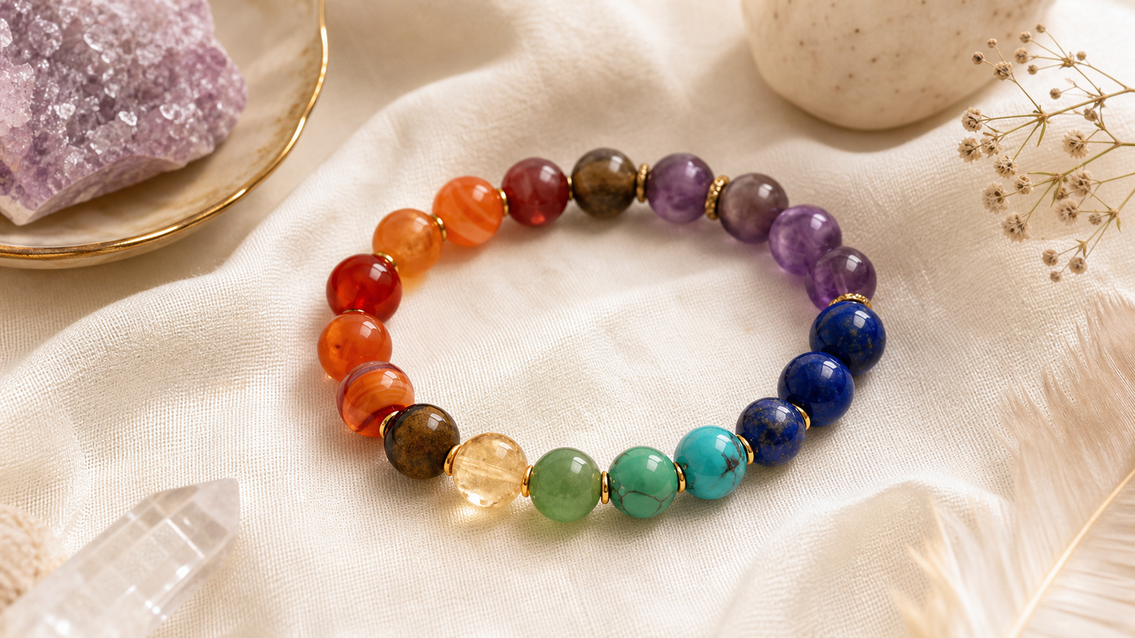 Mixed natural gemstone bracelet beads arranged for a balanced custom design