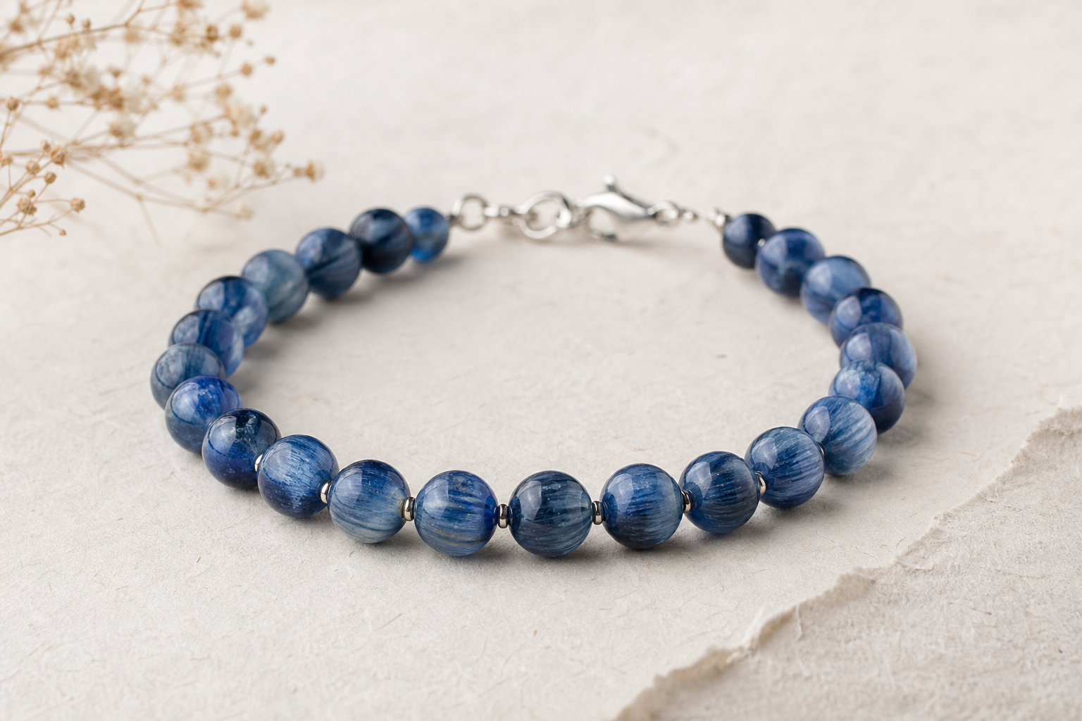 Natural blue kyanite gemstone bracelet on warm textured paper