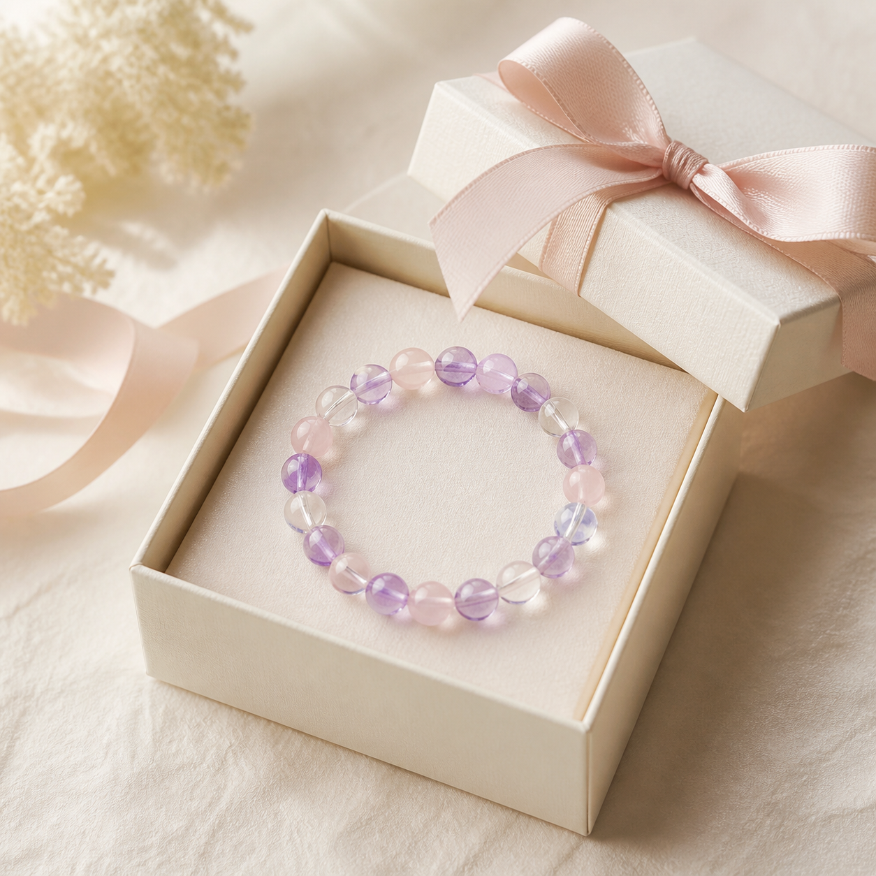 Natural gemstone bracelet in an ivory gift box with a blush ribbon for a niece